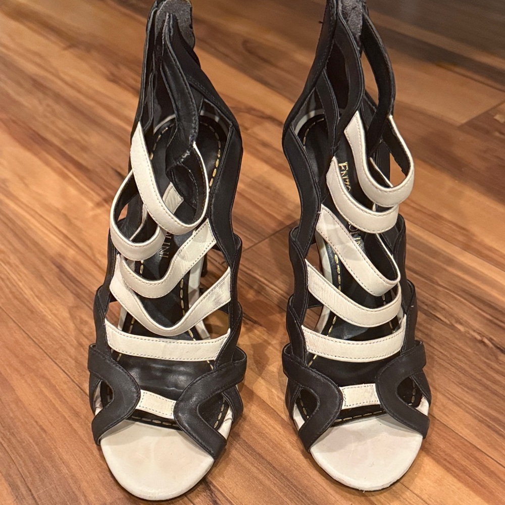 Enzo Angiolini Black and Cream Strappy Heels